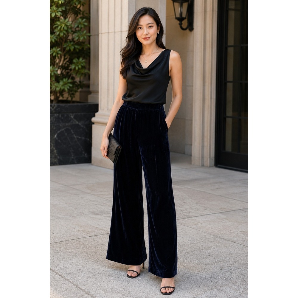 ZARA Blue Velvet Wide Leg Pants Womens Large Pull On Luxe Soft Glam City Palazzo